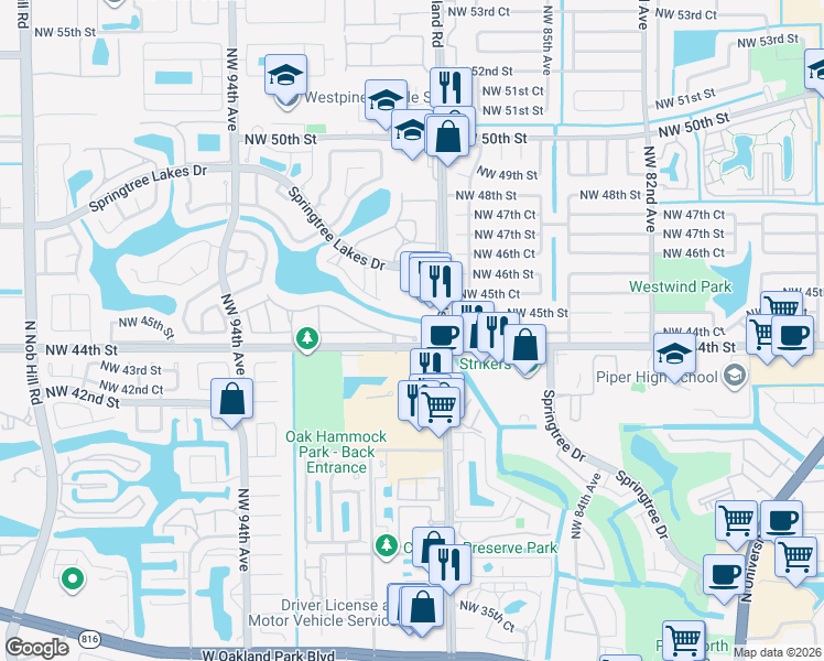 map of restaurants, bars, coffee shops, grocery stores, and more near 8957 Northwest 44th Court in Sunrise