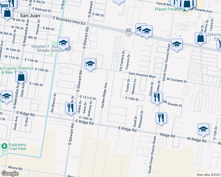 map of restaurants, bars, coffee shops, grocery stores, and more near 1200 Houston Way in San Juan