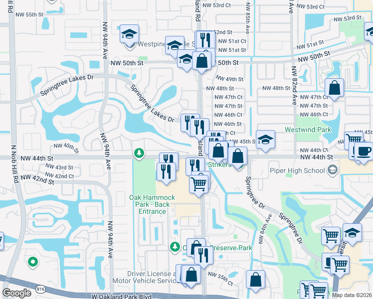 map of restaurants, bars, coffee shops, grocery stores, and more near 8957 Northwest 44th Court in Sunrise