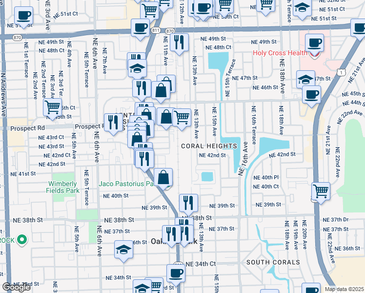 map of restaurants, bars, coffee shops, grocery stores, and more near 4321 Northeast 12th Terrace in Oakland Park