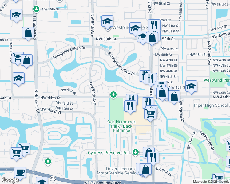 map of restaurants, bars, coffee shops, grocery stores, and more near 9208 Northwest 44th Court in Sunrise