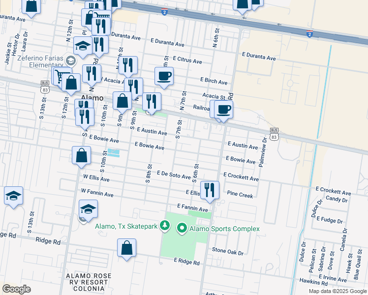 map of restaurants, bars, coffee shops, grocery stores, and more near 628 East Bowie Avenue in Alamo