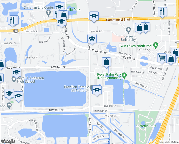 map of restaurants, bars, coffee shops, grocery stores, and more near 4180 Northwest 21st Avenue in Oakland Park