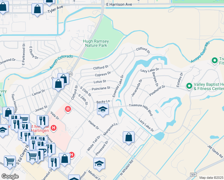 map of restaurants, bars, coffee shops, grocery stores, and more near 2817 Ted Cir in Harlingen