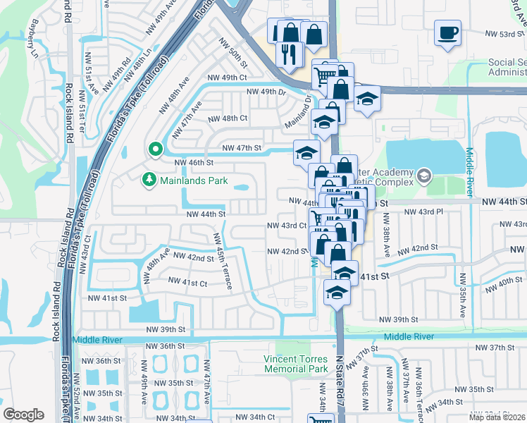 map of restaurants, bars, coffee shops, grocery stores, and more near 4401 Northwest 43rd Avenue in Tamarac