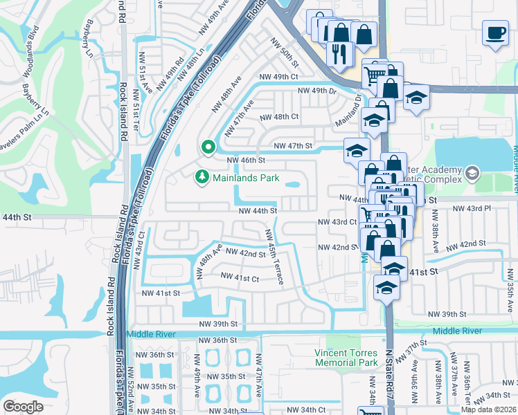 map of restaurants, bars, coffee shops, grocery stores, and more near 4510 Northwest 44th Street in Tamarac