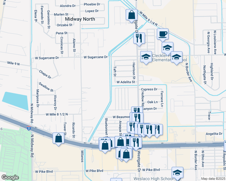 map of restaurants, bars, coffee shops, grocery stores, and more near 2000 Taft Street in Weslaco
