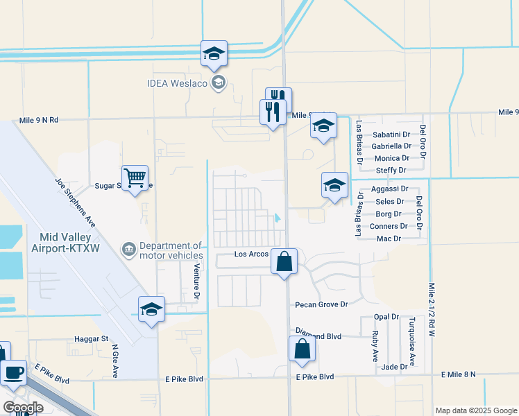 map of restaurants, bars, coffee shops, grocery stores, and more near 3085 Dianne Drive in Weslaco