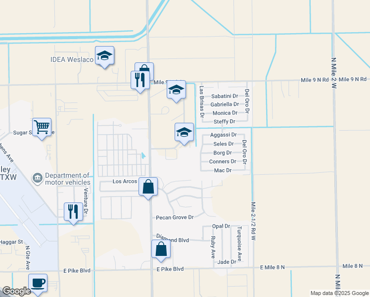 map of restaurants, bars, coffee shops, grocery stores, and more near 2202 North International Boulevard in Weslaco