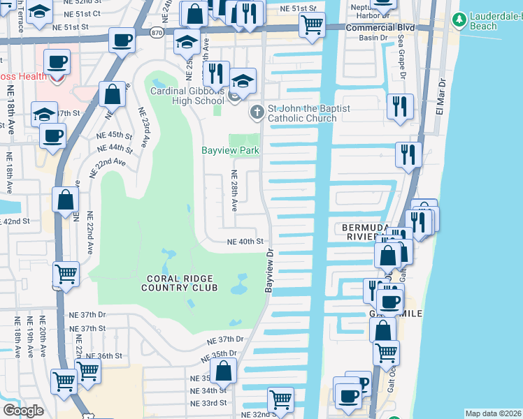 map of restaurants, bars, coffee shops, grocery stores, and more near 2840 Northeast 41st Street in Fort Lauderdale