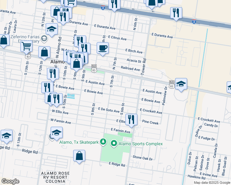 map of restaurants, bars, coffee shops, grocery stores, and more near 628 East Bowie Avenue in Alamo