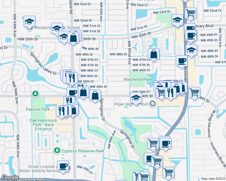 map of restaurants, bars, coffee shops, grocery stores, and more near 8320 Northwest 44th Court in Lauderhill