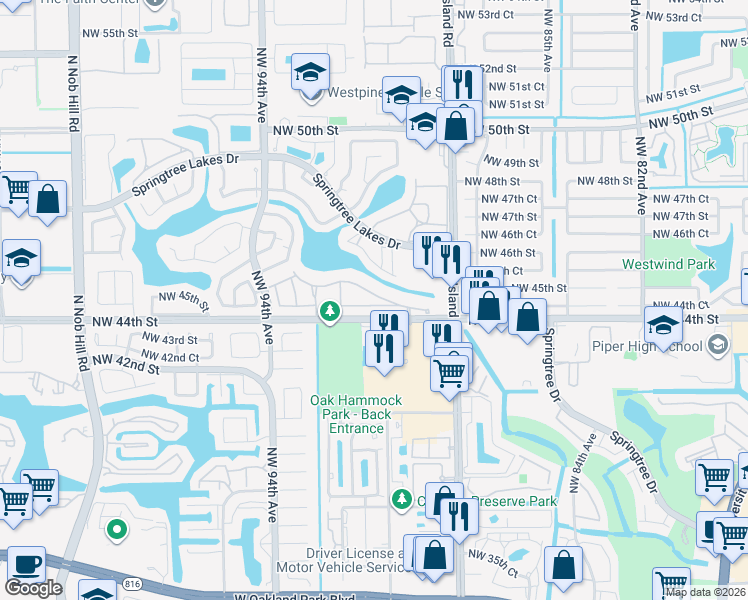 map of restaurants, bars, coffee shops, grocery stores, and more near 9104 Northwest 44th Court in Sunrise