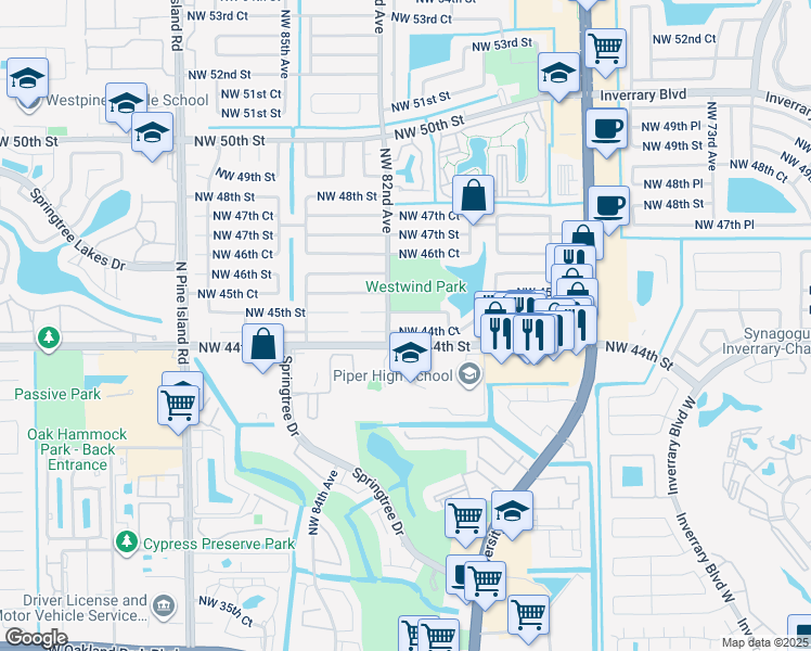 map of restaurants, bars, coffee shops, grocery stores, and more near 8121 Northwest 44th Court in Lauderhill
