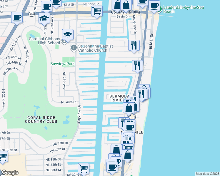 map of restaurants, bars, coffee shops, grocery stores, and more near 15 Fort Royal Isle in Fort Lauderdale