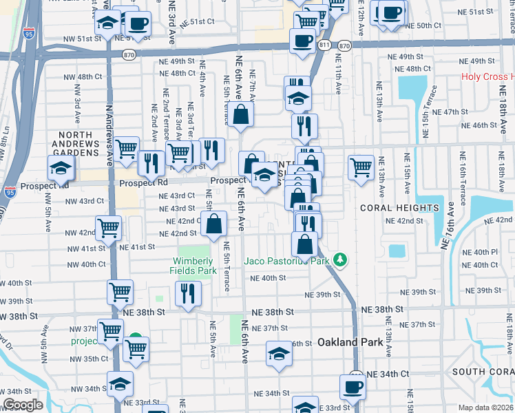 map of restaurants, bars, coffee shops, grocery stores, and more near 4296 Northeast 7th Avenue in Oakland Park