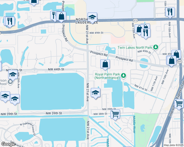 map of restaurants, bars, coffee shops, grocery stores, and more near 4281 Northwest 20th Avenue in Oakland Park