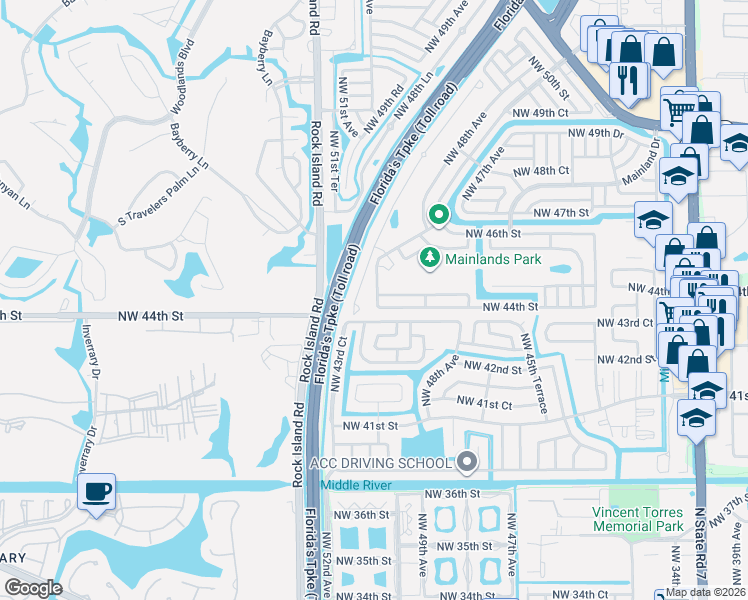 map of restaurants, bars, coffee shops, grocery stores, and more near 4722 Northwest 44th Street in Tamarac