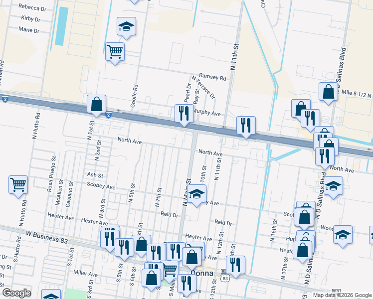 map of restaurants, bars, coffee shops, grocery stores, and more near 519 North Main Street in Donna