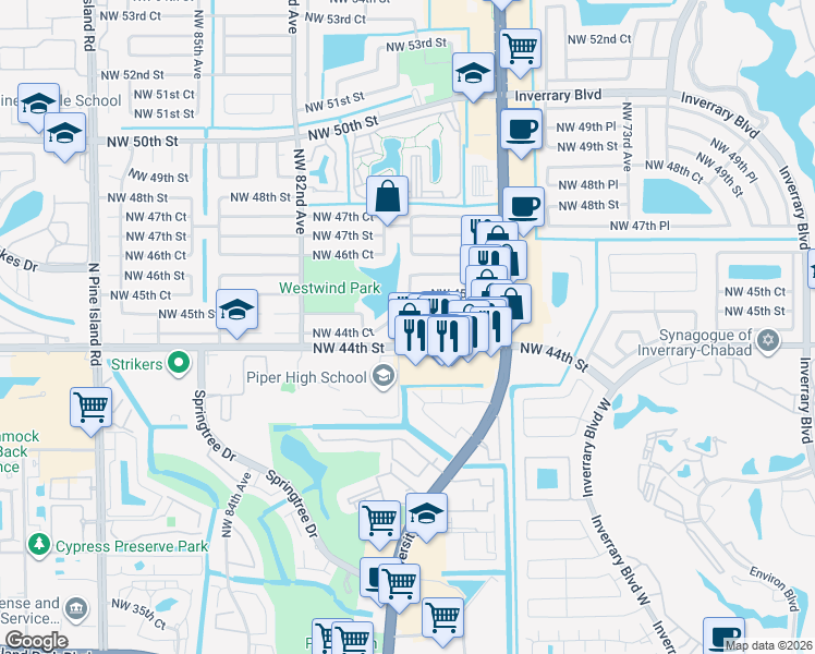 map of restaurants, bars, coffee shops, grocery stores, and more near 7901 Northwest 44th Court in Lauderhill