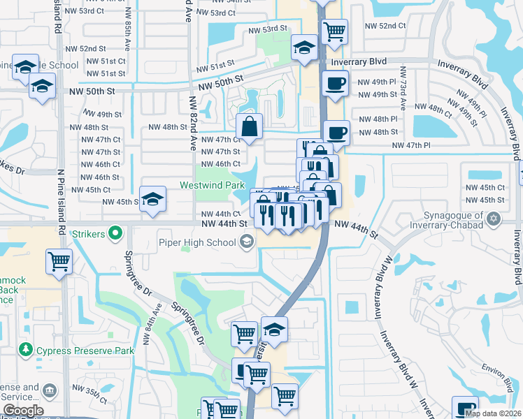 map of restaurants, bars, coffee shops, grocery stores, and more near 7901 Northwest 44th Court in Lauderhill