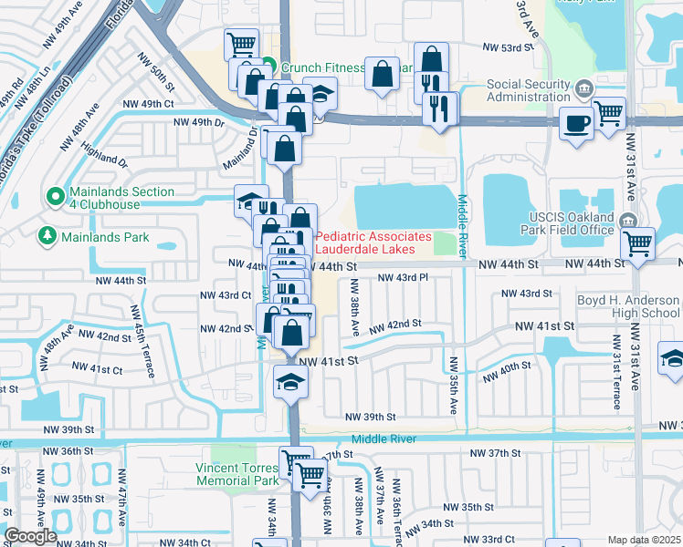 map of restaurants, bars, coffee shops, grocery stores, and more near 3823 Northwest 38th Terrace in Lauderdale Lakes