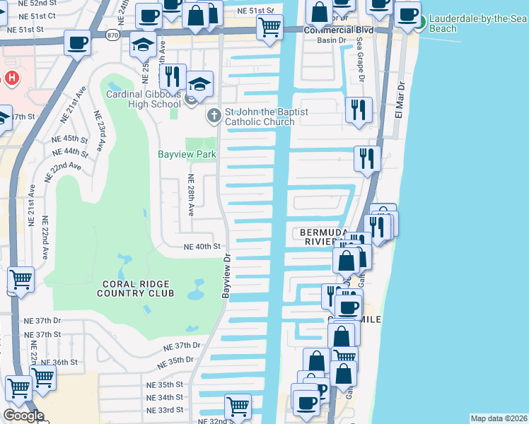 map of restaurants, bars, coffee shops, grocery stores, and more near Northeast 41st Street in Fort Lauderdale