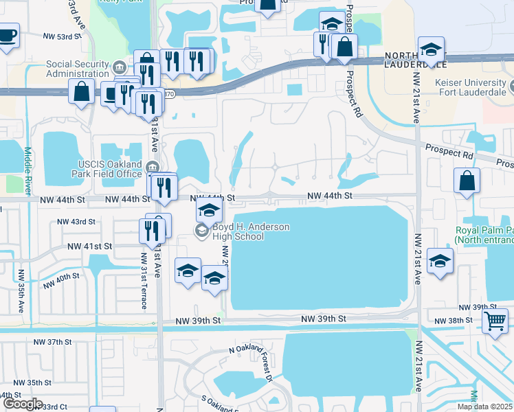 map of restaurants, bars, coffee shops, grocery stores, and more near 2800 Northwest 44th Street in Oakland Park