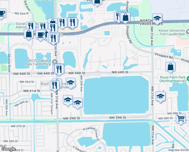 map of restaurants, bars, coffee shops, grocery stores, and more near 2800 Northwest 44th Street in Oakland Park