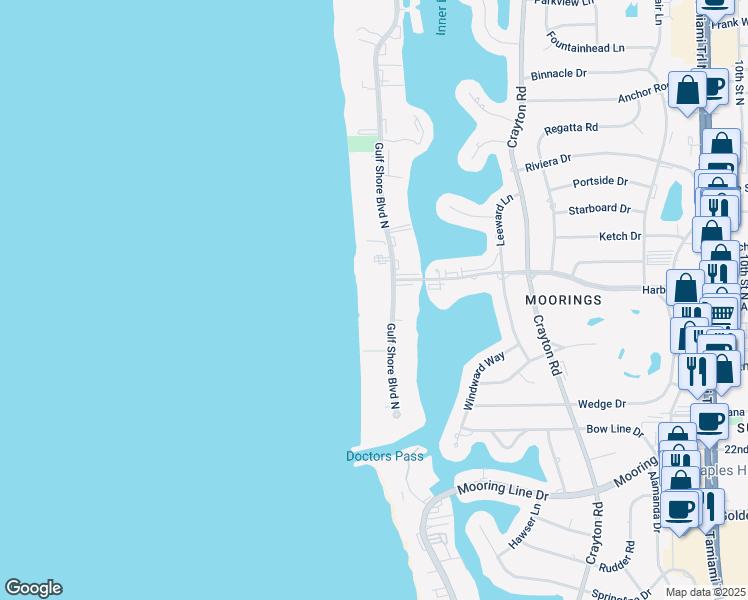 map of restaurants, bars, coffee shops, grocery stores, and more near 2885 Gulf Shore Boulevard North in Naples