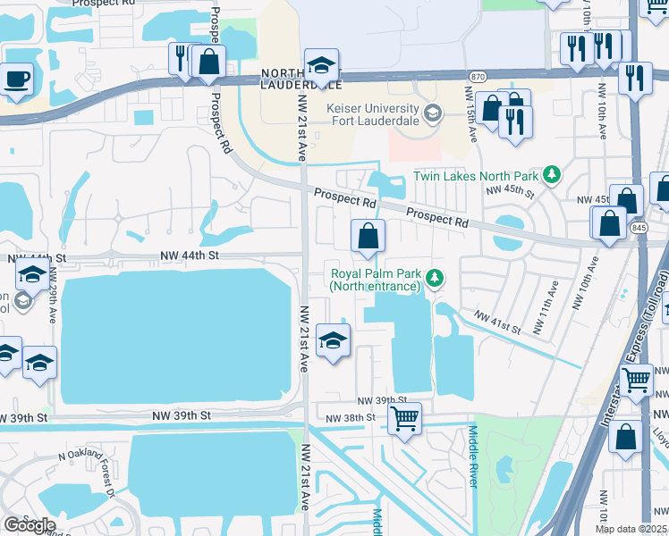 map of restaurants, bars, coffee shops, grocery stores, and more near 4280 Northwest 19th Avenue in Oakland Park