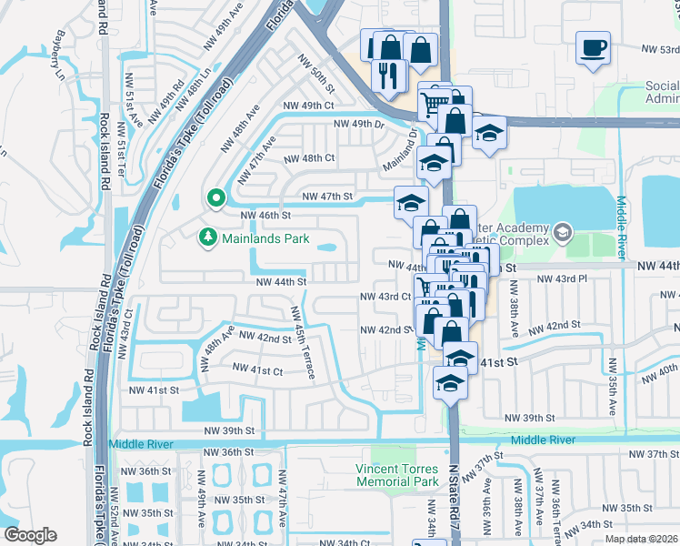 map of restaurants, bars, coffee shops, grocery stores, and more near 4304 Northwest 44th Street in Tamarac
