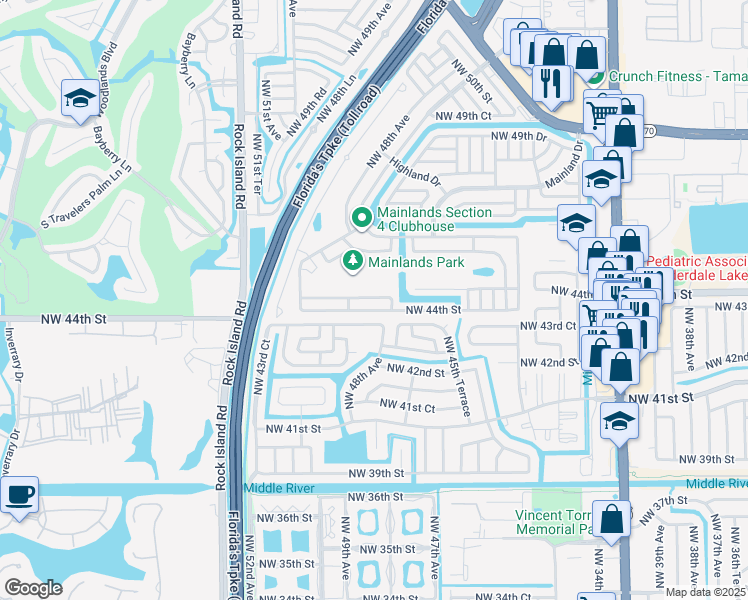 map of restaurants, bars, coffee shops, grocery stores, and more near 4632 Northwest 44th Street in Tamarac