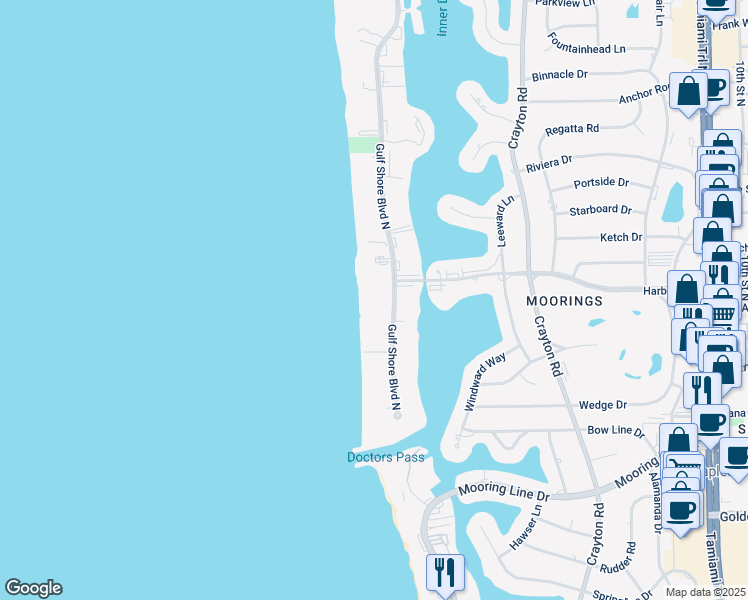 map of restaurants, bars, coffee shops, grocery stores, and more near 2885 Gulf Shore Boulevard North in Naples