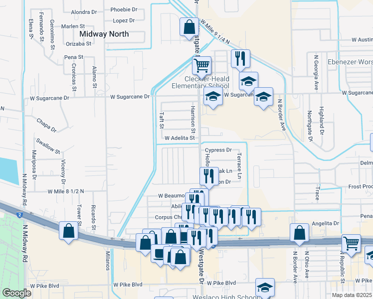 map of restaurants, bars, coffee shops, grocery stores, and more near 2005 Harrison Street in Weslaco