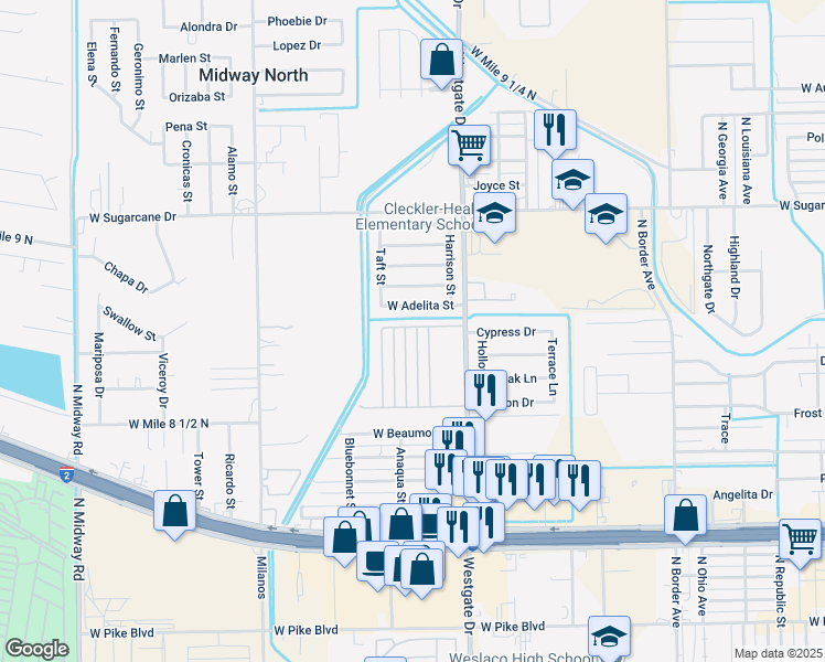map of restaurants, bars, coffee shops, grocery stores, and more near 2005 Harrison Street in Weslaco