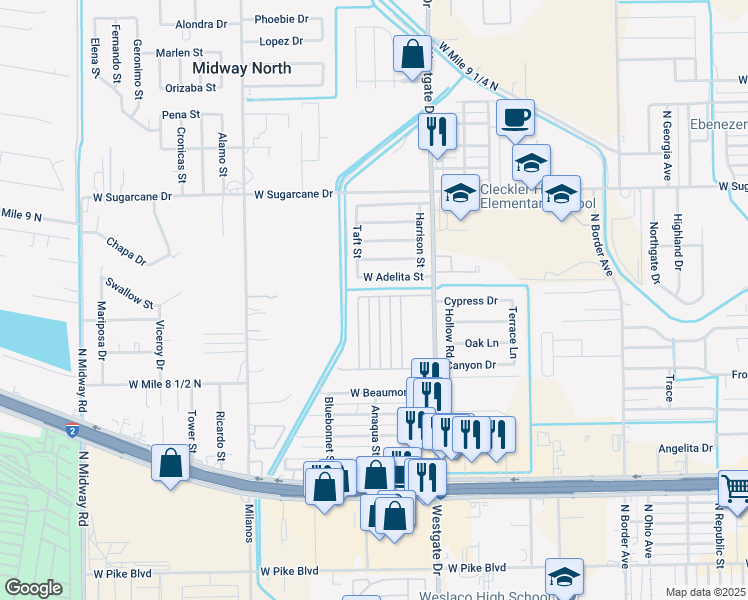 map of restaurants, bars, coffee shops, grocery stores, and more near 2000 Taft Street in Weslaco