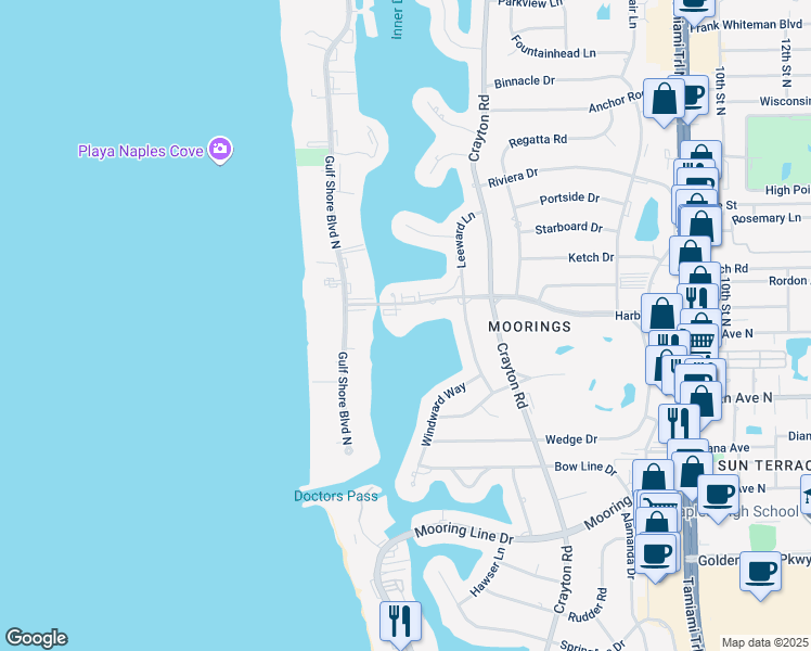 map of restaurants, bars, coffee shops, grocery stores, and more near 222 Harbour Drive in Naples