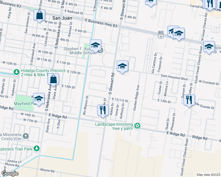map of restaurants, bars, coffee shops, grocery stores, and more near 804 South Stewart Road in San Juan