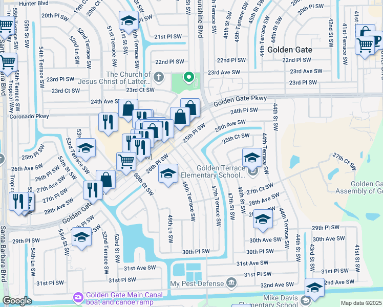 map of restaurants, bars, coffee shops, grocery stores, and more near 2550 Tropicana Boulevard in Naples