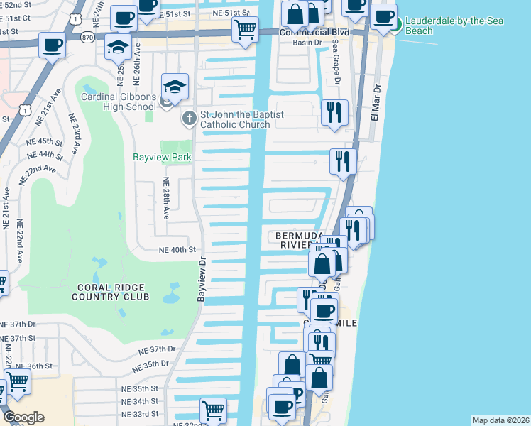 map of restaurants, bars, coffee shops, grocery stores, and more near 23 Fort Royal Isle in Fort Lauderdale