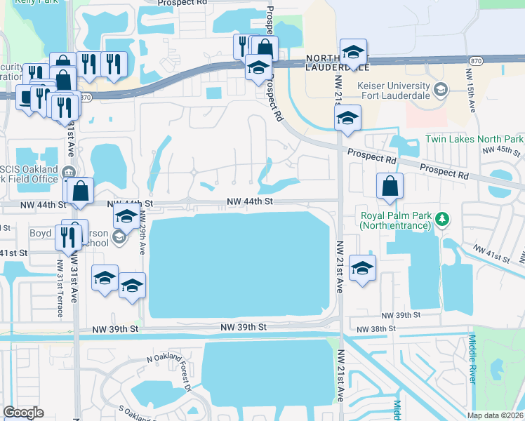 map of restaurants, bars, coffee shops, grocery stores, and more near 105 Lake Emerald Drive in Oakland Park