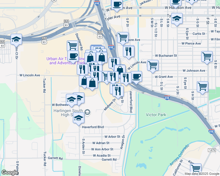 map of restaurants, bars, coffee shops, grocery stores, and more near 1801 West Lincoln Street in Harlingen