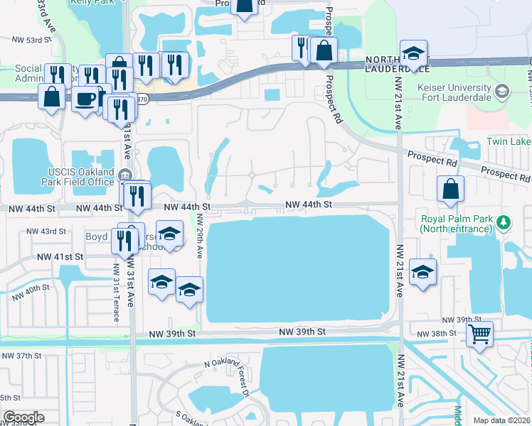 map of restaurants, bars, coffee shops, grocery stores, and more near 2750 Northwest 44th Street in Oakland Park