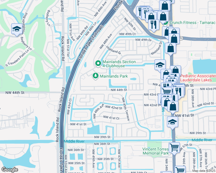 map of restaurants, bars, coffee shops, grocery stores, and more near 4614 Northwest 44th Street in Tamarac