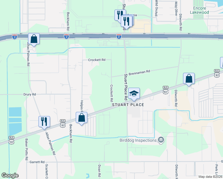 map of restaurants, bars, coffee shops, grocery stores, and more near 26299 Crockett Road in Harlingen