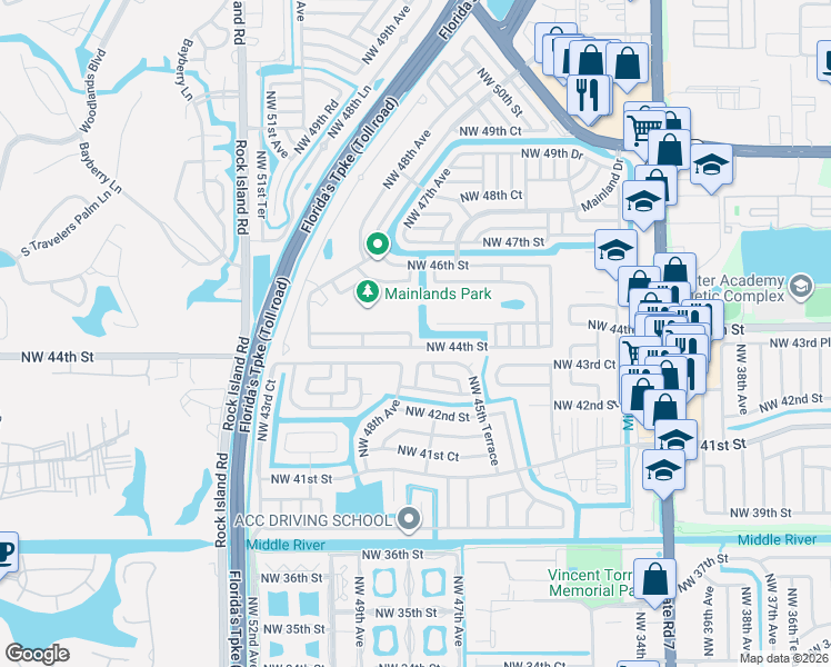 map of restaurants, bars, coffee shops, grocery stores, and more near 4614 Northwest 44th Street in Tamarac