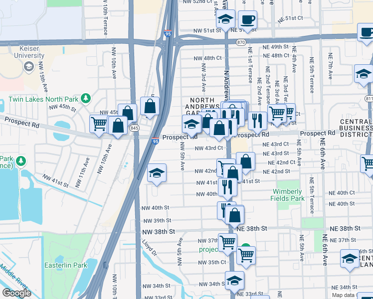 map of restaurants, bars, coffee shops, grocery stores, and more near 4303 Northwest 5th Avenue in Oakland Park