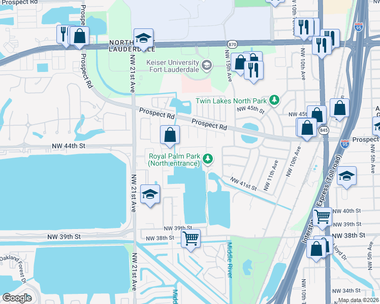 map of restaurants, bars, coffee shops, grocery stores, and more near 4180 Northwest 18th Avenue in Oakland Park