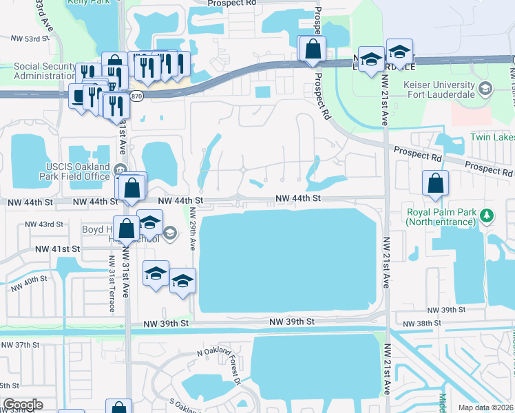 map of restaurants, bars, coffee shops, grocery stores, and more near 2750 Northwest 44th Street in Oakland Park